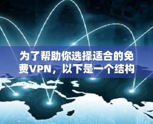 为了帮助你选择适合的免费VPN,以下是一个结构化的推荐方案,涵盖各个关键点和考虑因素